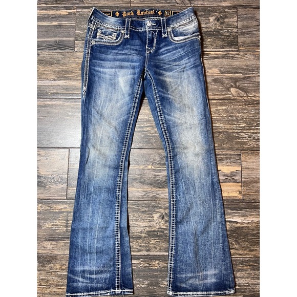 Rock Revival Daniel Boot Cut Jeans 27X30 Whiskered Thick Stitch Mens Distressed - Picture 1 of 10